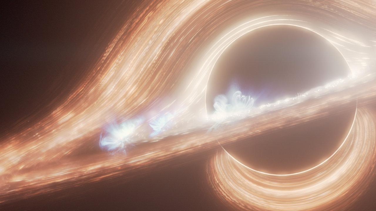 Digital illustration of a black hole with glowing golden accretion disk and blue flares.