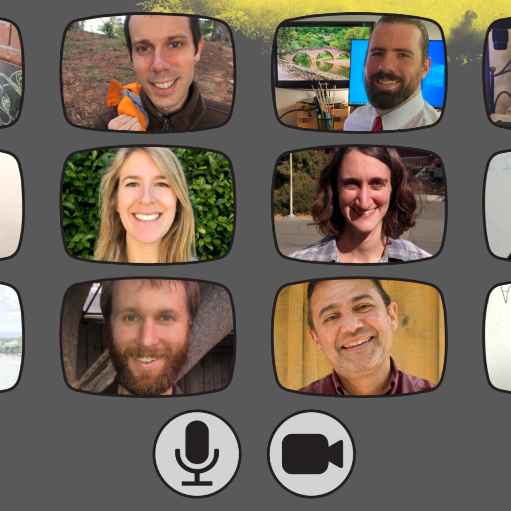 Several photos of Department members shown in a grid like a Zoom or online conference, with a microphone and video icon below.