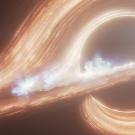 Digital illustration of a black hole with glowing golden accretion disk and blue flares.